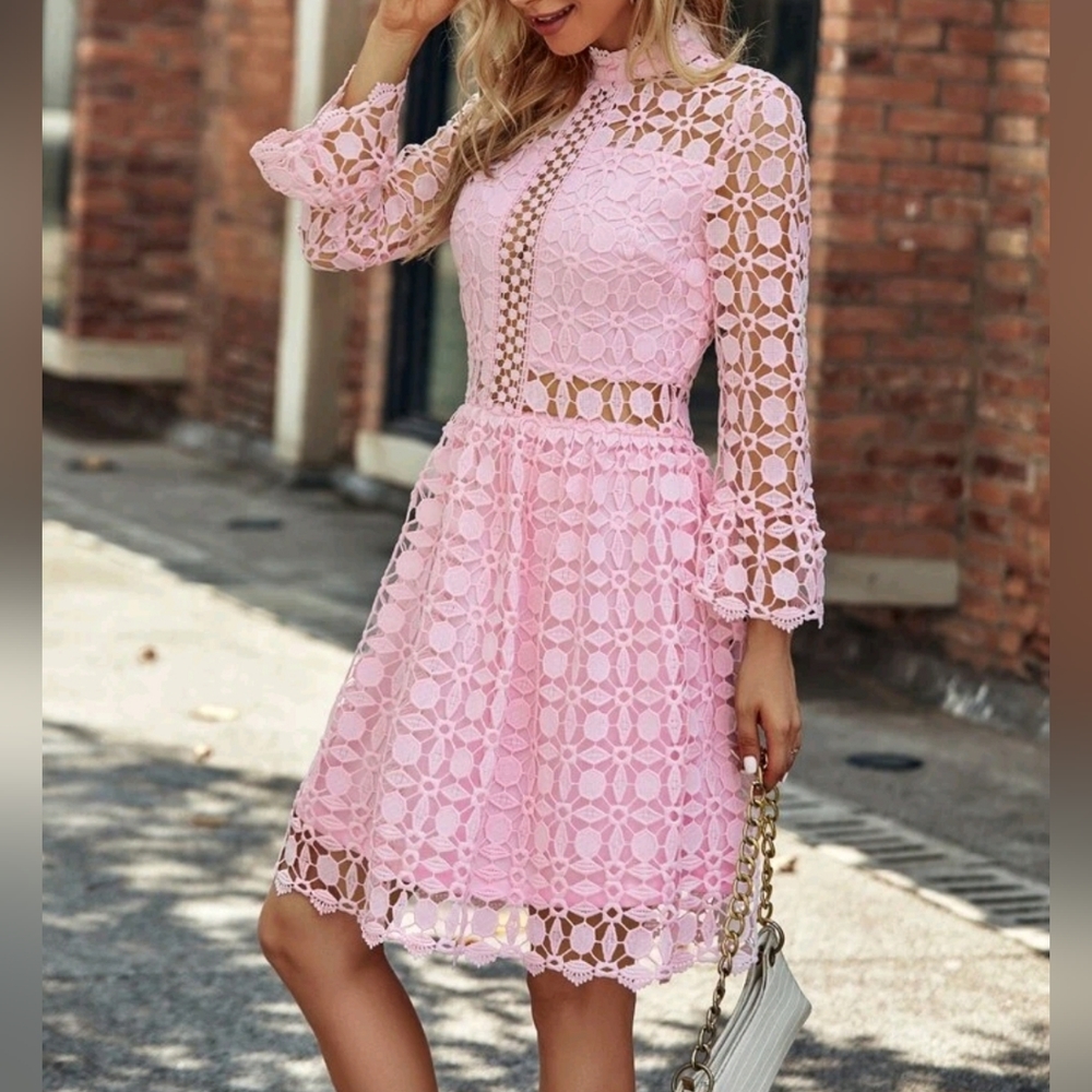 NEW Chic Embroidered Sheer Lace High Neck Party Dress Light Pink - Picture 1 of 8